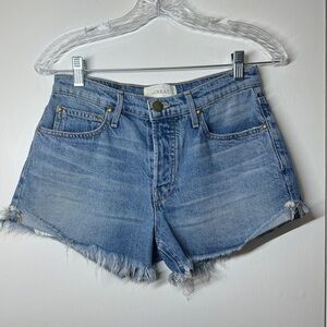 The Great. The Cut Off Mid Wash Distressed Button Fly Blue Jean Denim Shorts 24